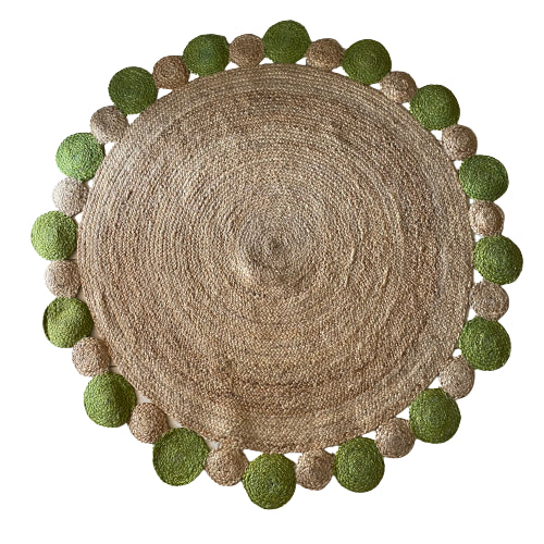 Avioni Home Eco Collection – Handwoven Braided Jute Round Carpet with Green Circle Borders