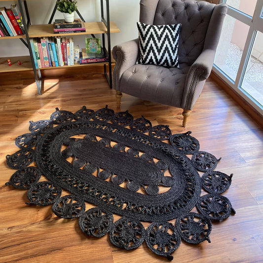 Avioni Home Contemporary Collection – Eco-friendly Oval Jute Handmade Braided Temple Design Area Rug – Black