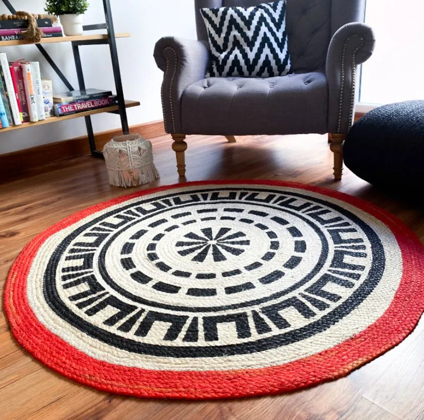 Avioni Home Eco Collection – Tribal Printed Jute Round – Red & Black