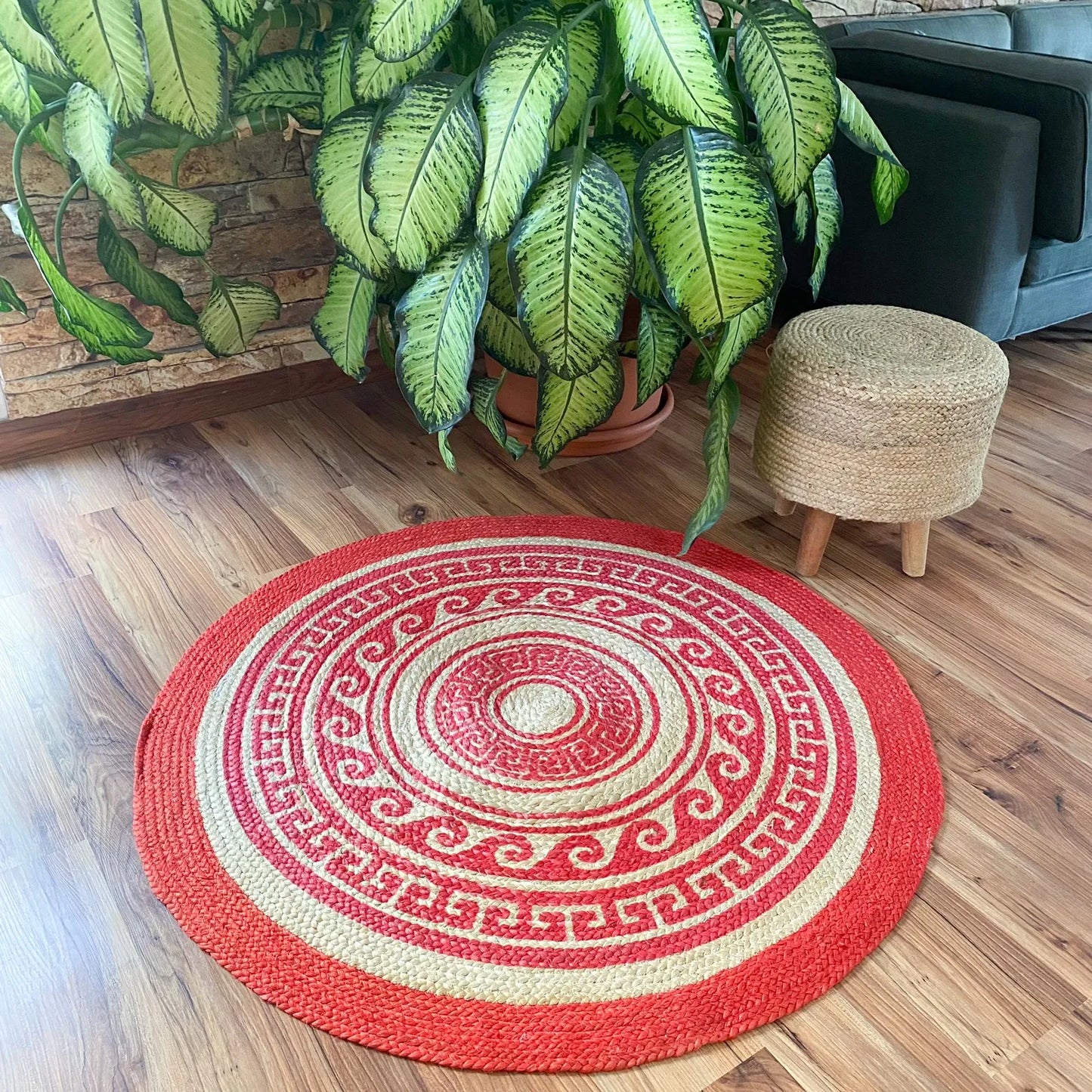 Avioni Home Eco Collection – Tribal Printed Jute Round – Red