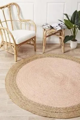 Avioni Home Eco Collection – Round Braided Cotton Area Rugs – Light Pink with White Border