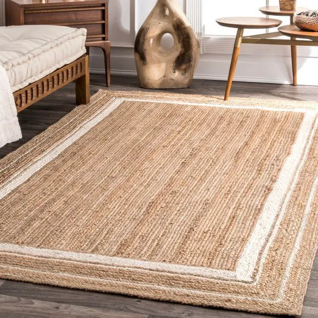 Avioni Home Eco Collection – Handwoven Braided Jute Carpet with White Borders – Handmade Natural Rug – Rectangle