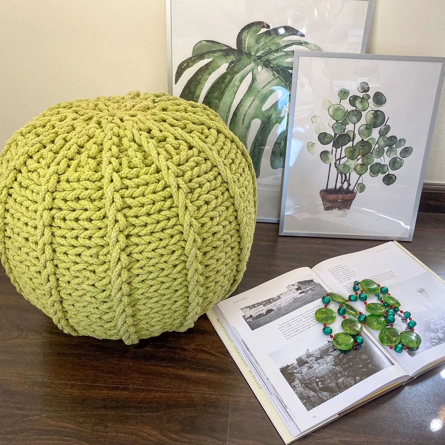 Avioni Home Luxury Collection – Hand Knotted Boho Look Watermelon Style Pouf / Ottoman – Lime Green