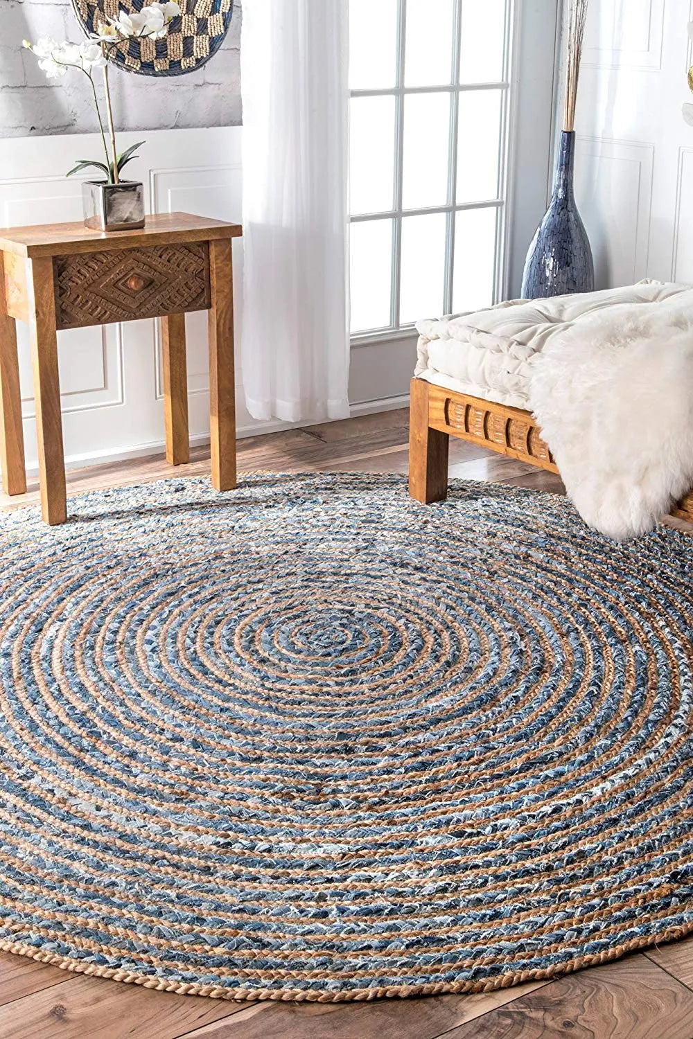 Avioni Home Premium Carpet Collection – Denim / Jeans & Jute Handmade Braided Round Rug