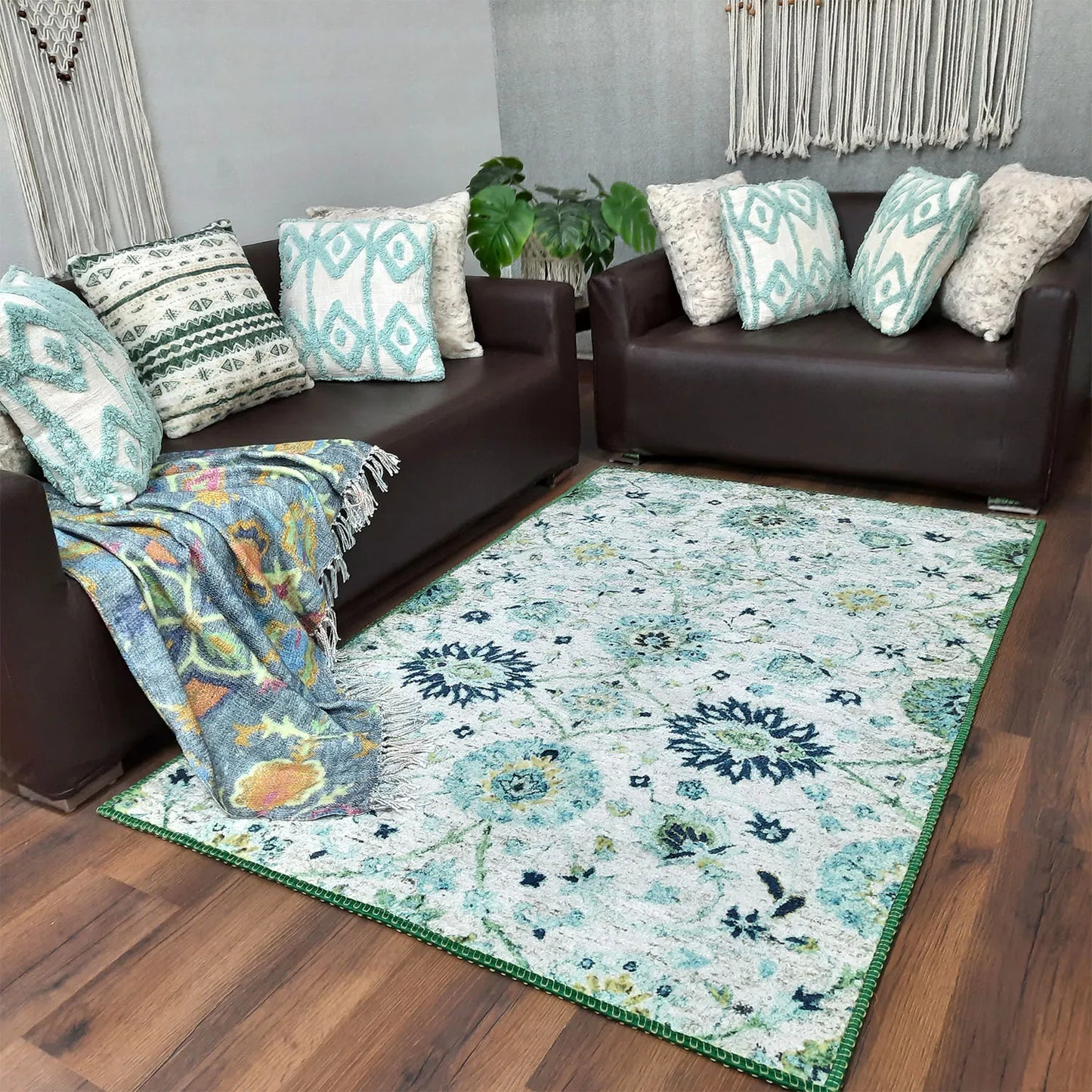 Avioni’s Faux Silk Rug for a Luxurious and Elegant Living Room | Calming Green Collection