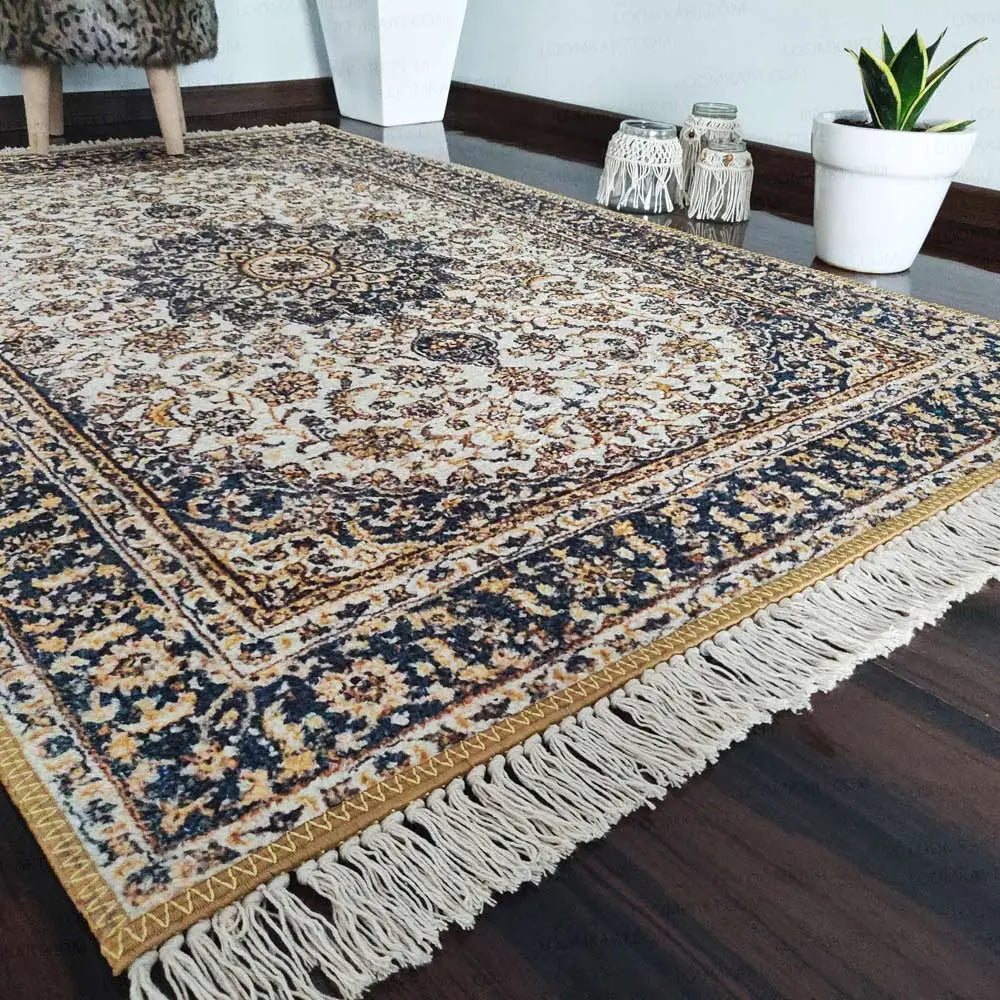 Avioni Home Faux Silk Carpet Persian Design Collection Black And Beige – Living Room Rug