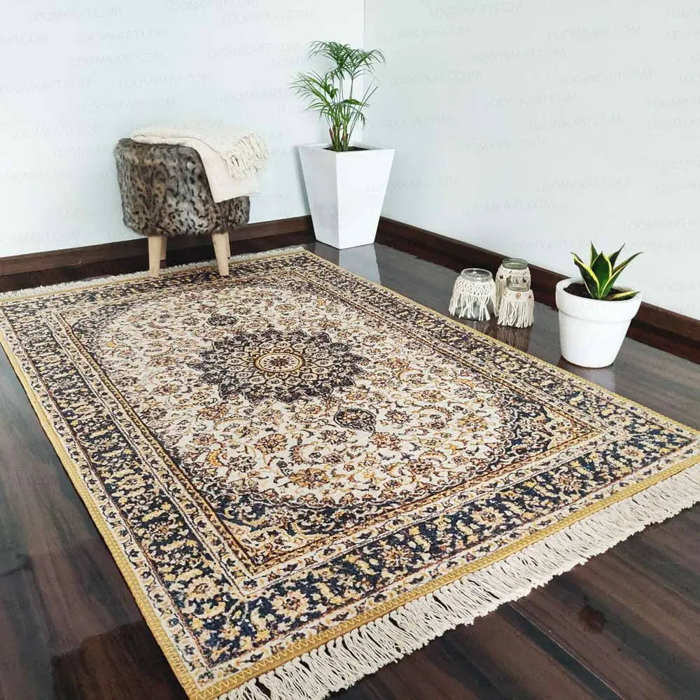Avioni Home Faux Silk Carpet Persian Design Collection Black And Beige – Living Room Rug