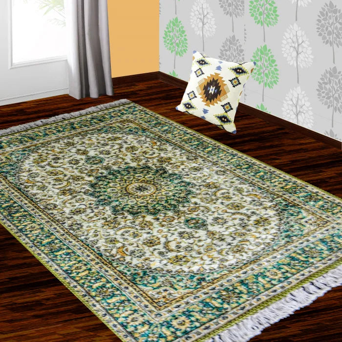 Silk Carpet Persian Design Collection Green And Beige – Living Room Rug – Avioni