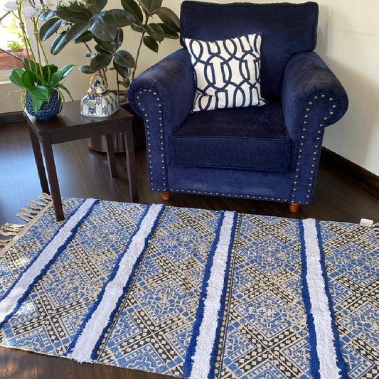 Avioni Home Boho Collection – Cotton Printed & Tufted Dhurrie / Rug – Blue Cross – Multiple Sizes
