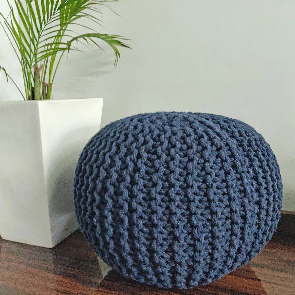 Avioni Home Luxury Collection – Hand Knotted Boho Look Pouf / Ottoman – Blue