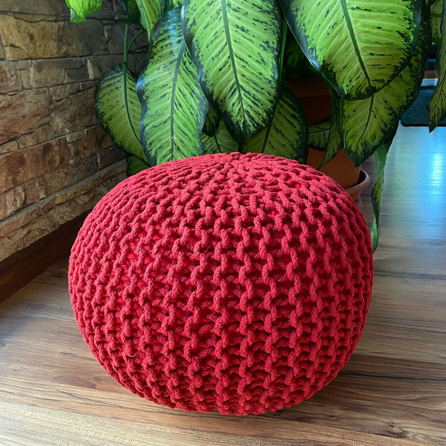 Avioni Home Luxury Collection – Hand Knotted Boho Look Pouf / Ottoman – Red