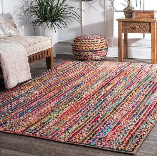 Avioni Home Contemporary Collection – Eco-friendly Recycled Jute & Chindi Handmade Braided Area Rug – Colorful Straight Line Design – Multiple Sizes