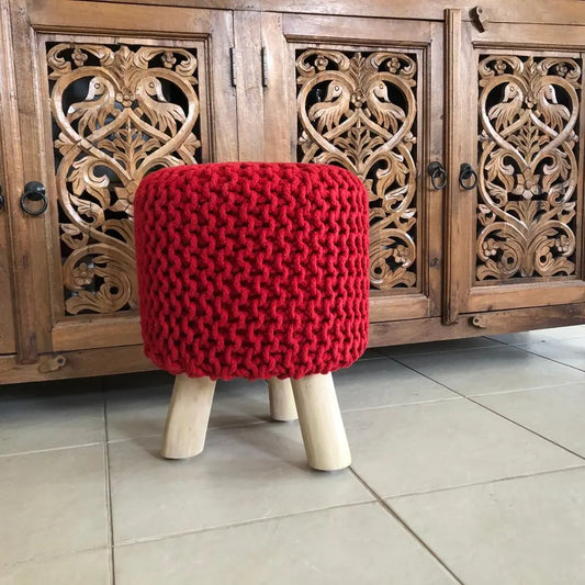 Avioni Home Luxury Collection – Hand Knotted Boho Look Stool / Ottoman (3 Legs-Natural Finish) – Red
