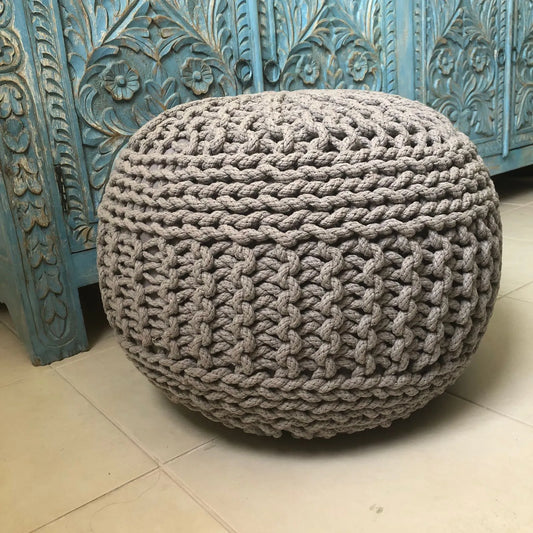 Avioni Home Luxury Collection – Hand Knotted Boho Look Pouf / Ottoman – Grey