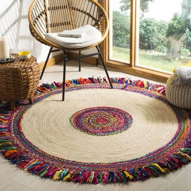 Avioni Home Eco Collection – Handwoven Round Jute With Chindi Flares Carpet – Handmade Braided Area Rug
