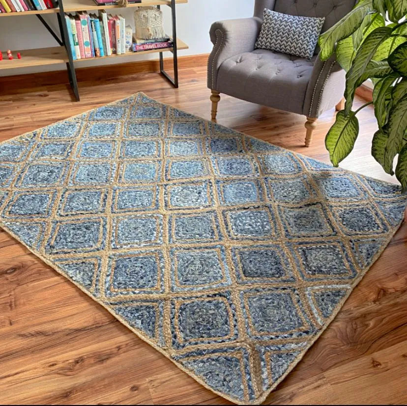 Avioni Home Eco Collection – Handmade Denim / Jeans & Jute Braided Rugs – Blue Diamond Denim Area Carpet