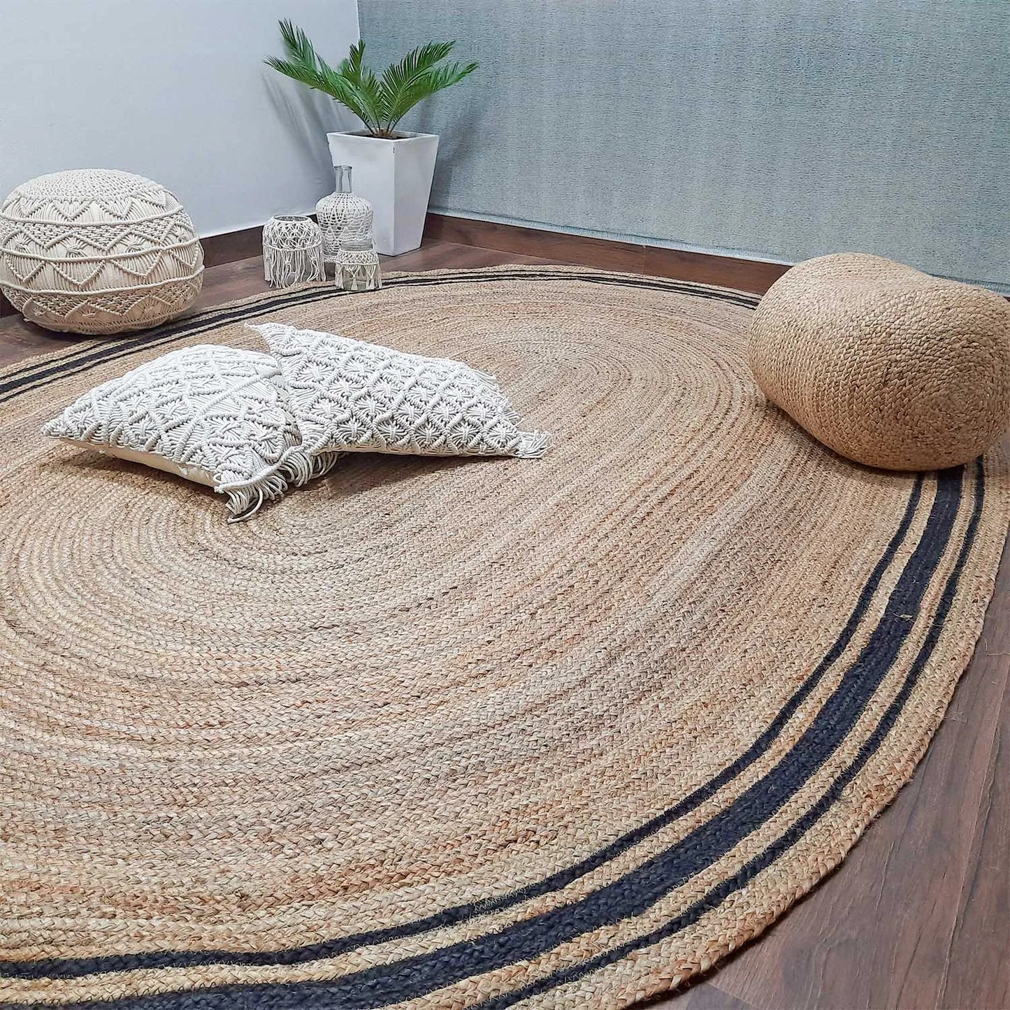 Avioni Home Eco Collection – Handwoven Braided Jute Oval Carpet with Black Border Stripes– Handmade and All Natural Rug – Oval