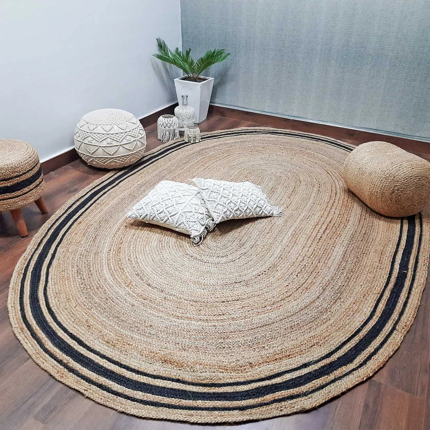 Avioni Home Eco Collection – Handwoven Braided Jute Oval Carpet with Black Border Stripes– Handmade and All Natural Rug – Oval