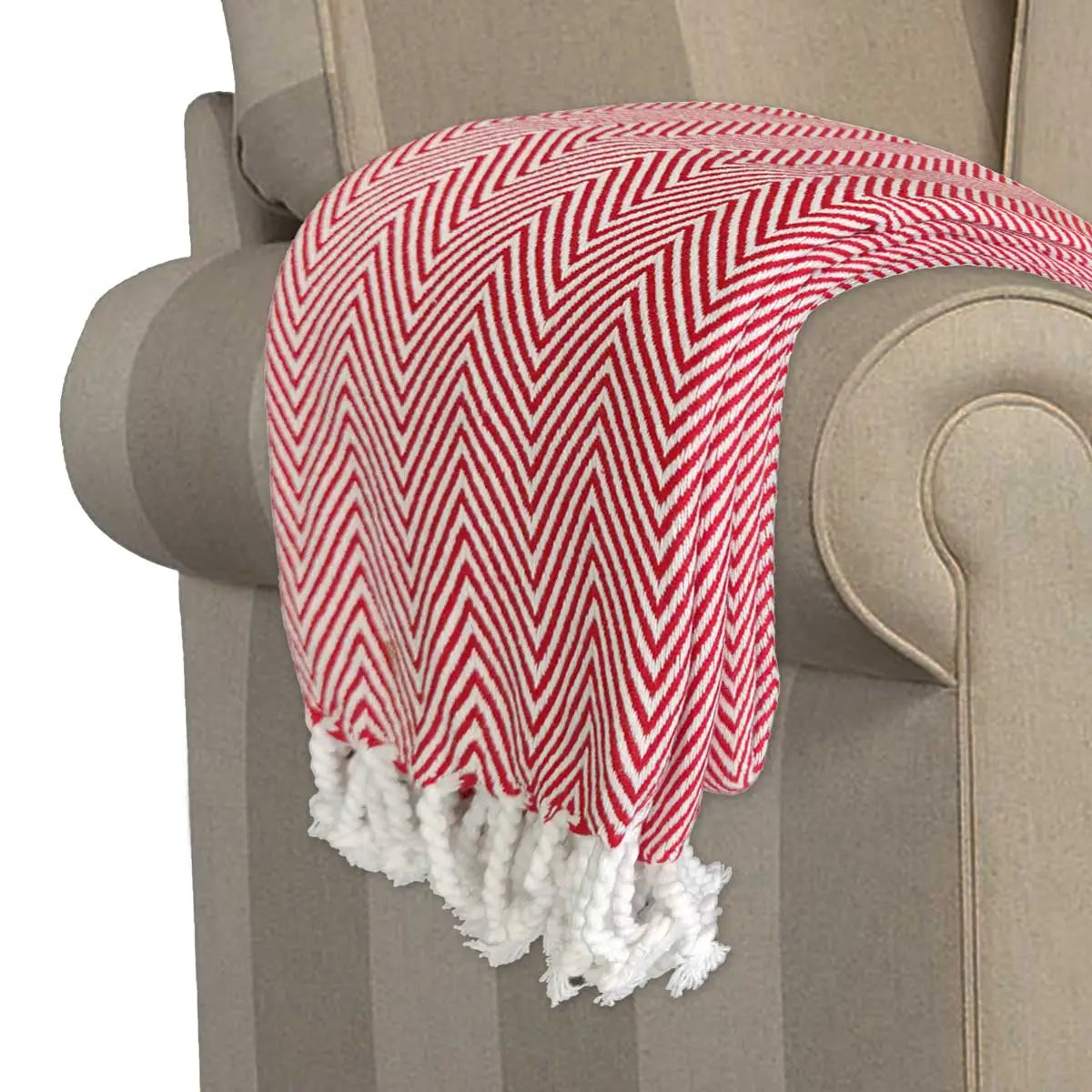 Avioni Home Premium 100% Cotton Sofa Throw / Blanket – Red & White Chevron Pattern