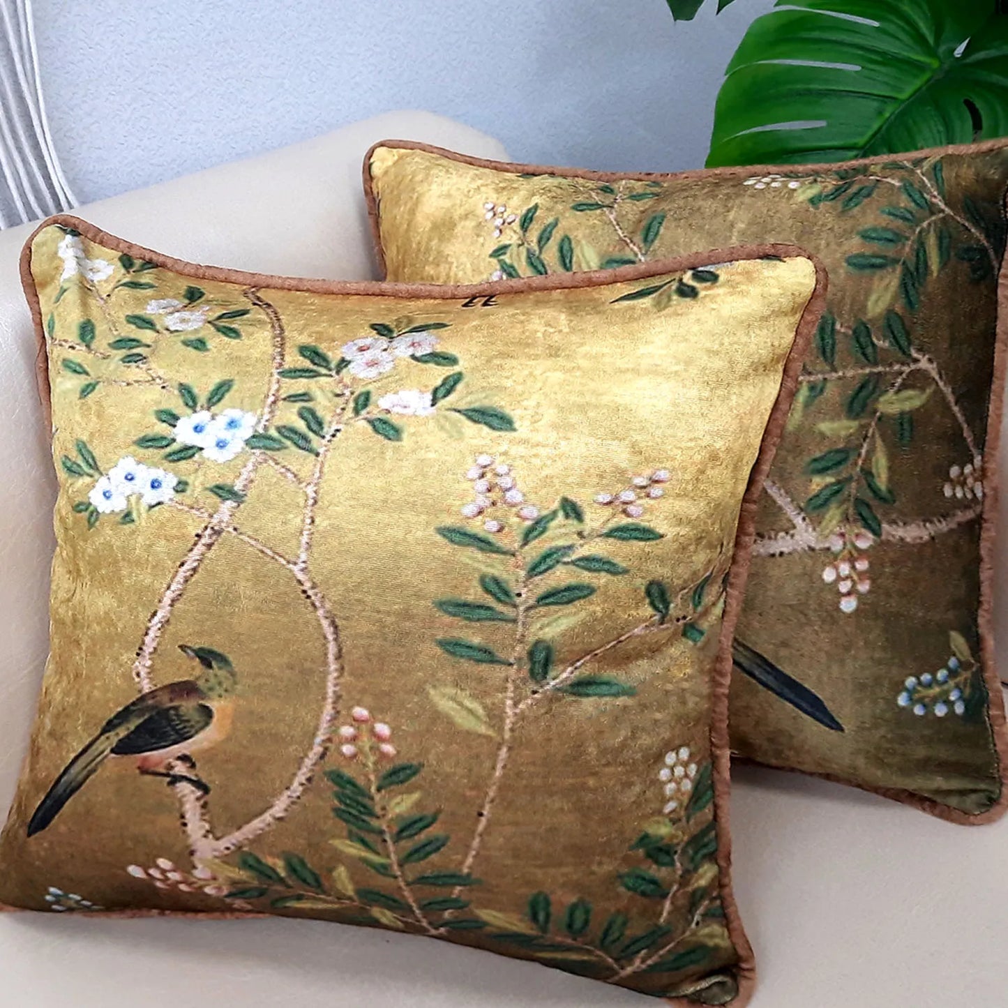 Cushion Cover with Filler – Bird on Floral Branch Golden Beautiful Design – 40cm x 40cm – Set of 2