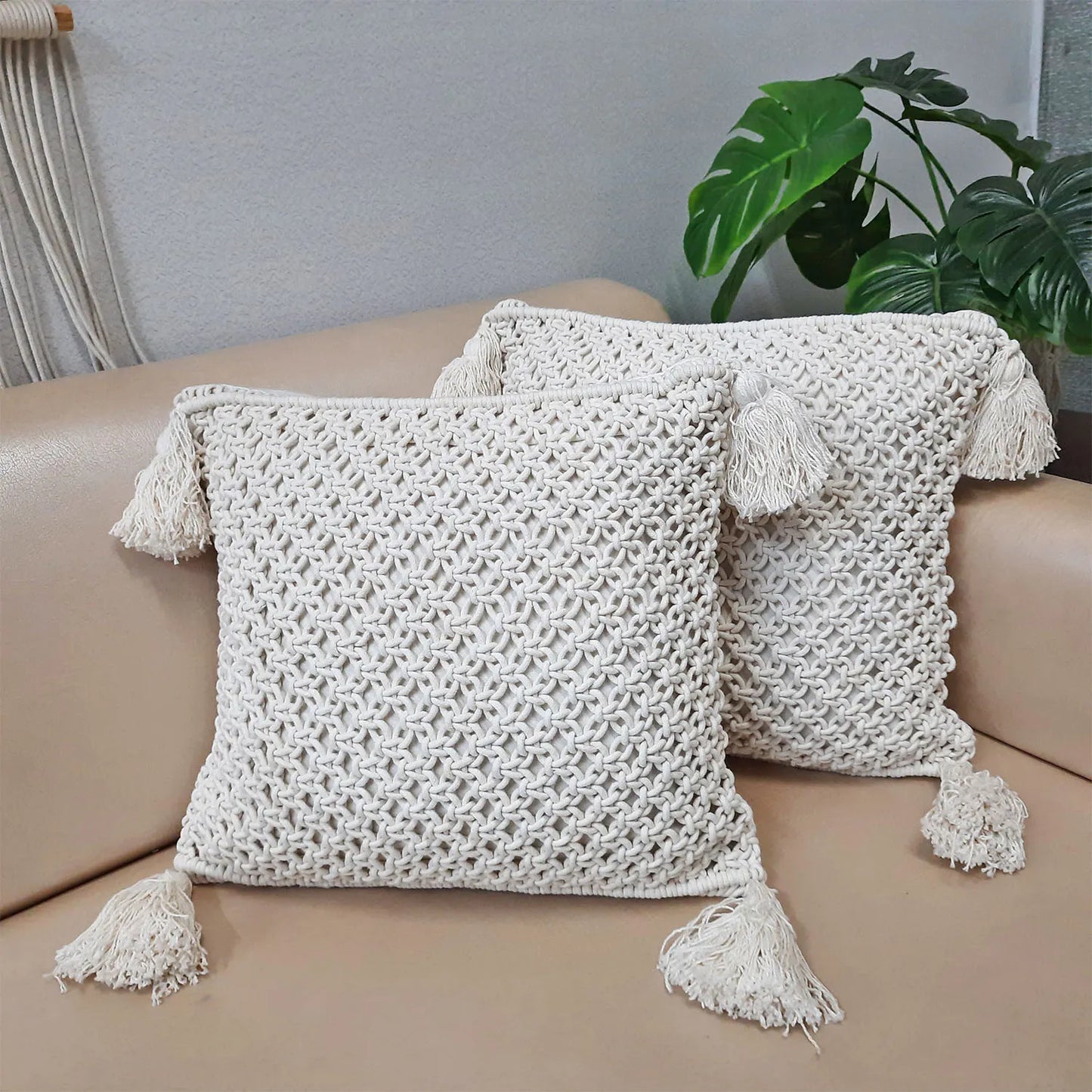 Set of Two – Bohemian Style Hand Knotted Macrame Cushion Covers 100% Bleached Cotton- 16X16 Inch (~40×40 cms)