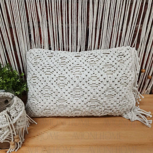 Bohemian Style Hand Knotted Macrame Cushion 100% Bleached Cotton With Filler – 30×50 cms