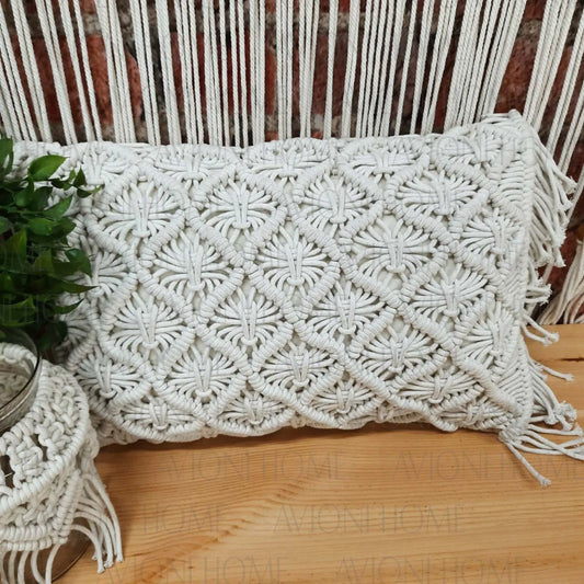 Bohemian Style Hand Knotted Macrame Cushion 100% Bleached Cotton With Filler – 30×50 cms