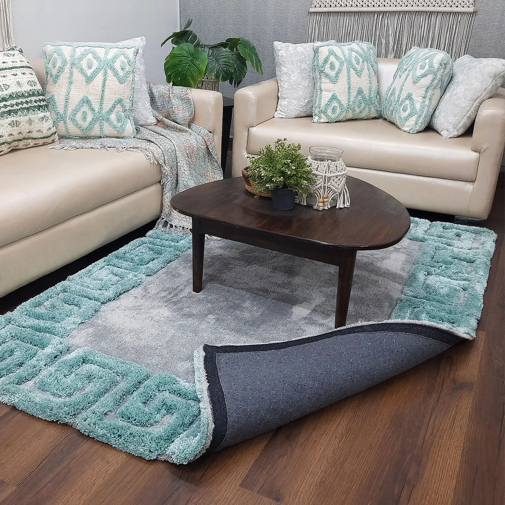 Avioni Atlas Collection- Micro Grey with 3D Aqua Designer Border -Different Sizes Shaggy Fluffy Rugs and Carpet for Living Room