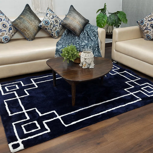 Avioni Atlas Collection- Navy Blue/White -Different Sizes Shaggy Fluffy Rugs and Carpet for Living Room