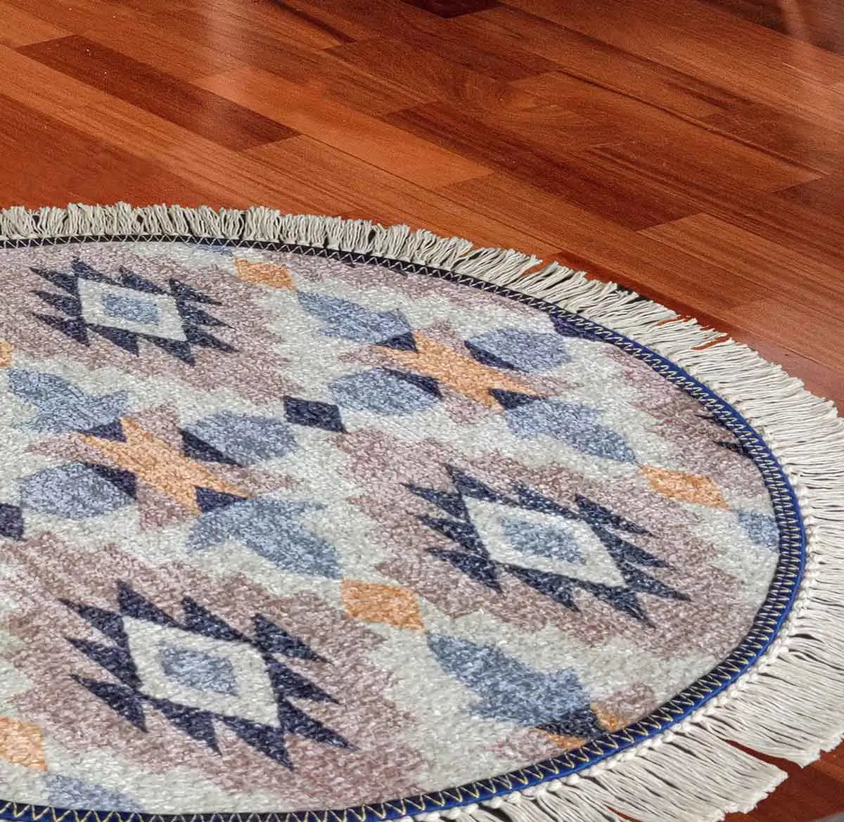 Avioni Home Faux Silk Carpet – Ethnic Collection – Round Rug – Blue and Beige