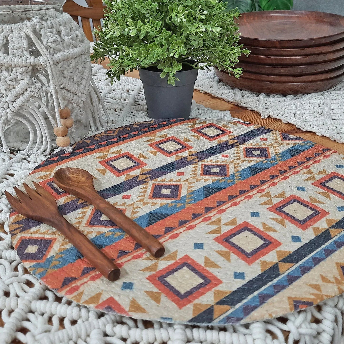 All Natural Round Cotton Braided Placemats – Tribal Motif