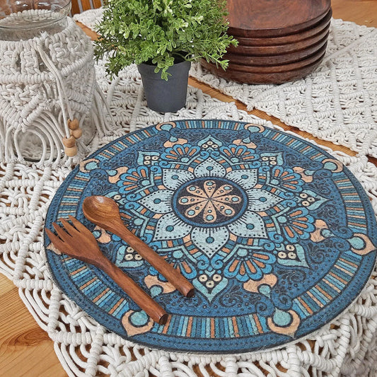 All Natural Round Cotton Braided Placemats – Blue Ethnic Art