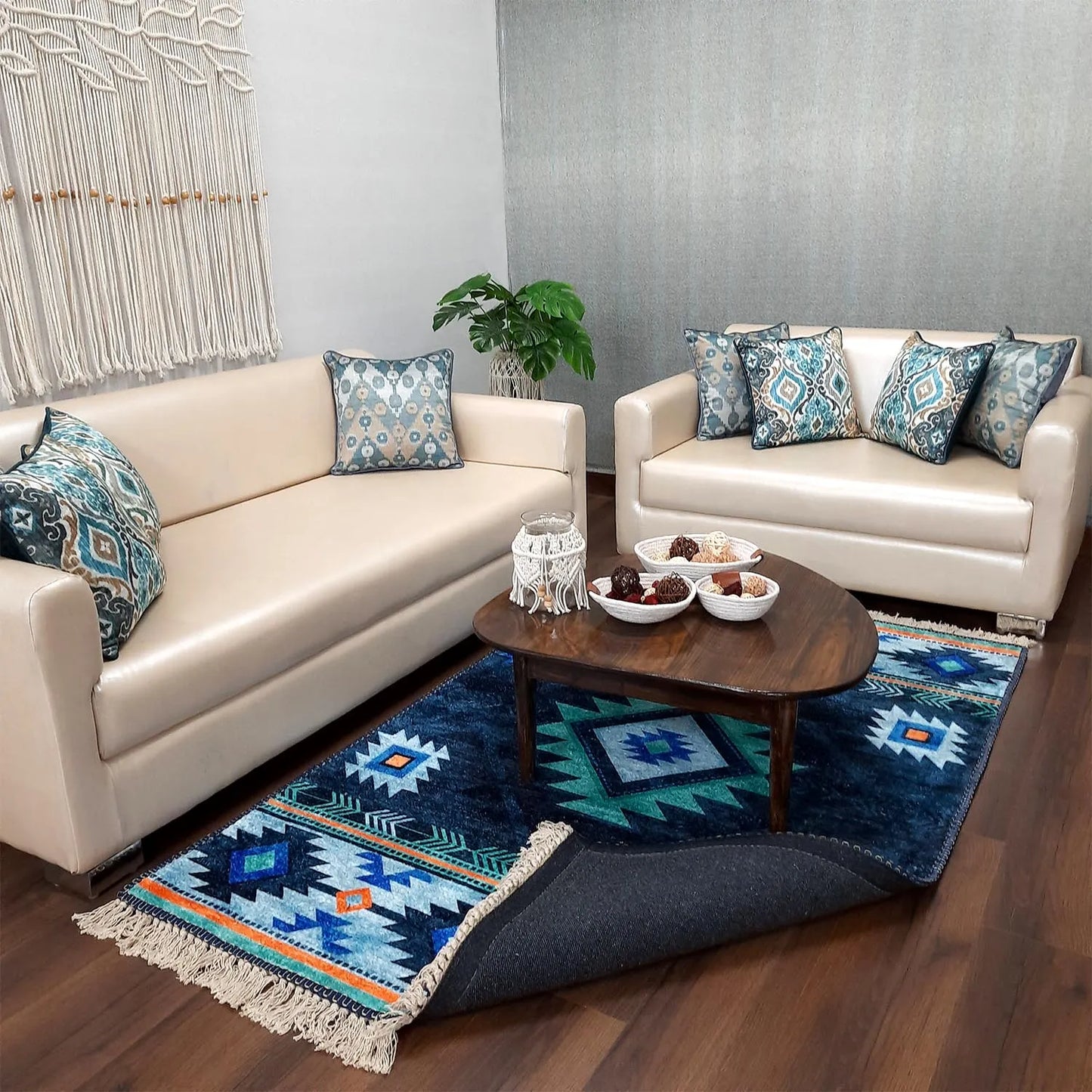 Avioni Home Faux Silk Carpet For Living Room – Ethnic Tribal Design Premium Rug Blue